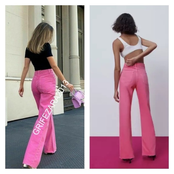 ZARA Bright Pink High Rise Wide Leg Jeans Size 2 NEW Barbie Core - Picture 5 of 13
